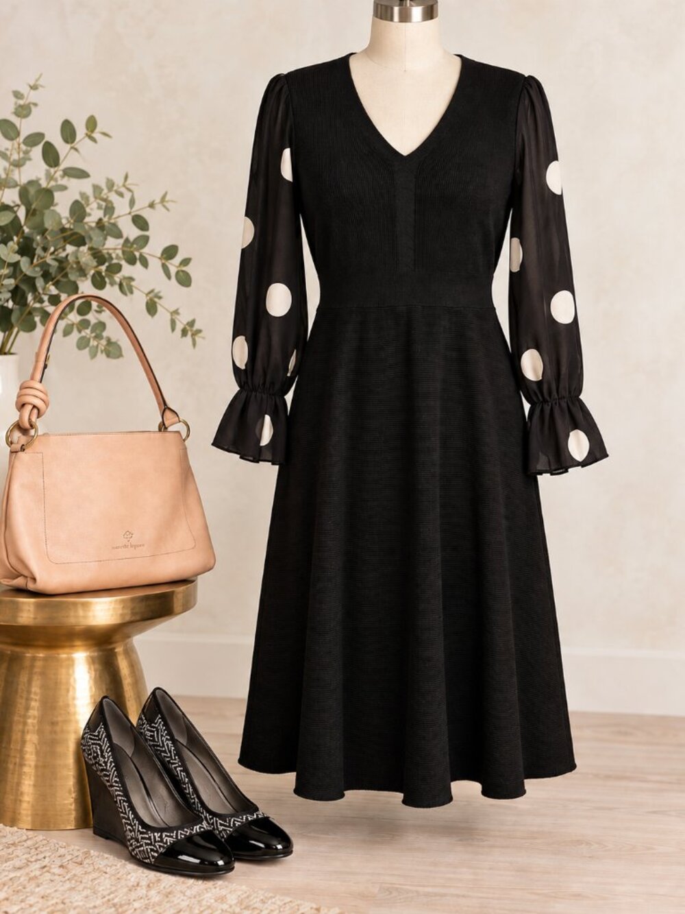 Suzanne Betro Black Knit Polka Dot Puff Sleeve Midi Dress L/XL
